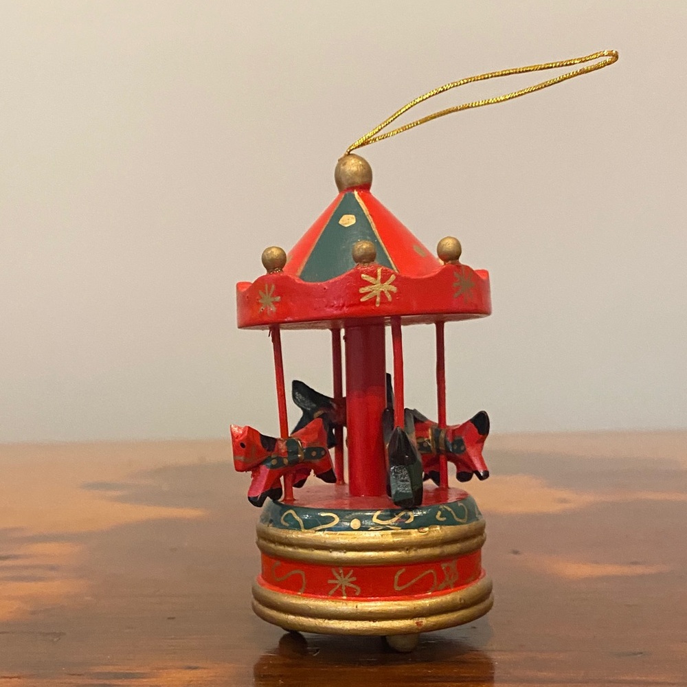 Vintage wooden carousel Christmas ornament movement horses hand painted